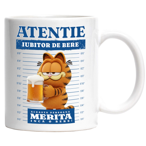 Căni - Cana Cu Cadou Garfield si o Bere Speciala Ceramica, 330ML, cu Maner Alb