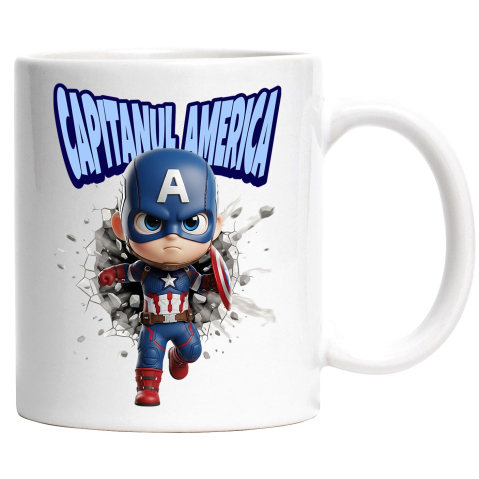 Căni - Cana Cu Cadru Memorabil Captain America Ceramica, 330ML, cu Maner Alb