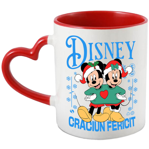 Căni - Cana Cu Cadru Mickey si Minnie Poveste de Craciun Ceramica, 330ML, cu Maner Inima Rosie