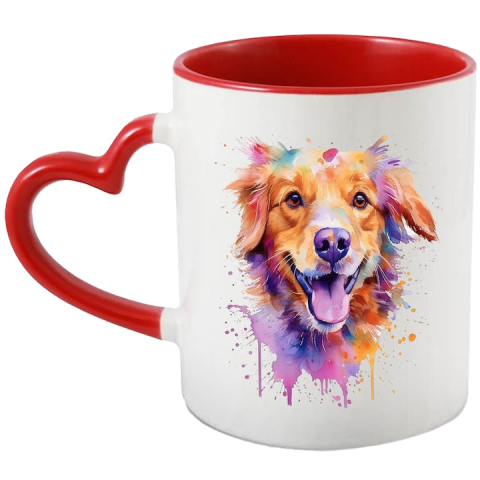 Maner Inima Rosie - Cana Cu Caine, Zambet, Watercolor, Stropi Vopsea, Animal, Multicolor 330 ml, Ceramica cu Maner Inima Rosie
