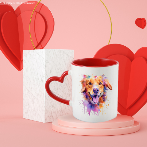 Cana Cu Caine, Zambet, Watercolor, Stropi Vopsea, Animal, Multicolor 330 ml, Ceramica cu Maner Inima Rosie [1]