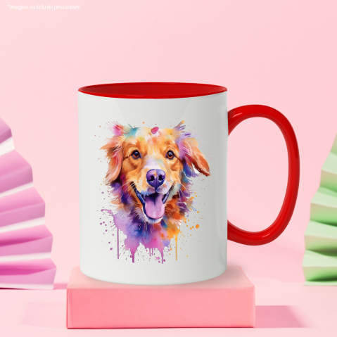 Cana Cu Caine, Zambet, Watercolor, Stropi Vopsea, Animal, Multicolor 330 ml, Ceramica cu Maner Rosu [1]