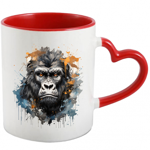 Maner Inima Rosie - Cana Cu Cap De Gorila, Watercolor, Ilustratie, Ochi, Animal, Multicolor 330 ml, Ceramica cu Maner Inima Rosie