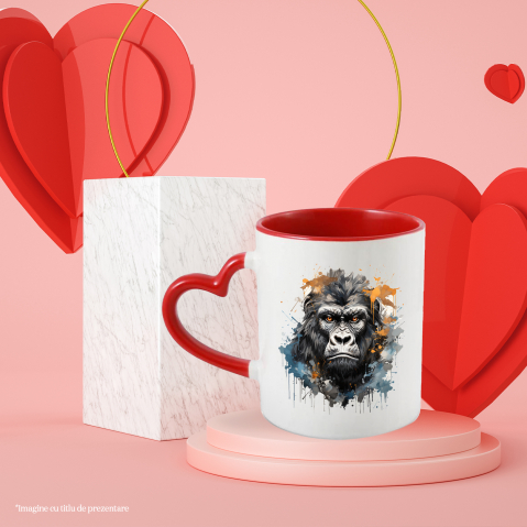 Cana Cu Cap De Gorila, Watercolor, Ilustratie, Ochi, Animal, Multicolor 330 ml, Ceramica cu Maner Inima Rosie [1]