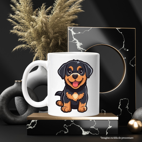 Cana Cu Catel, Pui, Iubitori De Desene Animate, Rottweiler, Multicolor 330 ml, Ceramica cu Maner Alb [1]