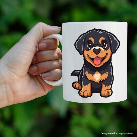 Cana Cu Catel, Pui, Iubitori De Desene Animate, Rottweiler, Multicolor 330 ml, Ceramica cu Maner Alb [2]