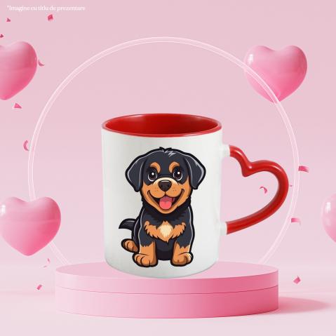 Cana Cu Catel, Pui, Iubitori De Desene Animate, Rottweiler, Multicolor 330 ml, Ceramica cu Maner Inima Rosie [1]