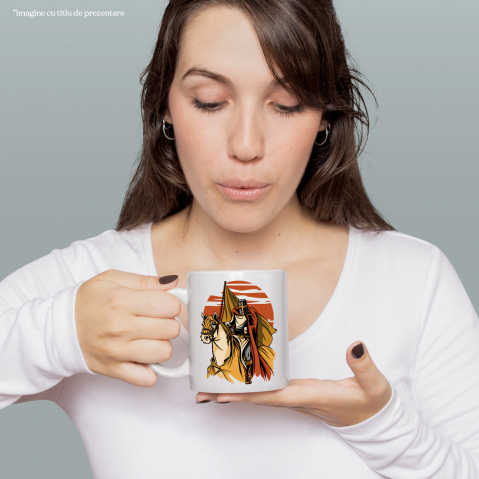 Cana Cu Cavaler, Calaret, Armura, Steag, Coif, Apus, Multicolor 330 ml, Ceramica cu Maner Alb [1]