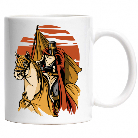 Maner Alb - Cana Cu Cavaler, Calaret, Armura, Steag, Coif, Apus, Multicolor 330 ml, Ceramica cu Maner Alb