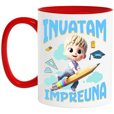 Căni - Cana Cu Copil – Invata prin Joaca Ceramica, 330ML, cu Maner Rosu