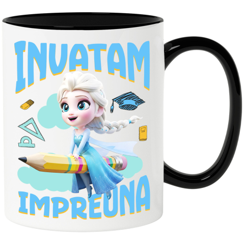 Căni - Cana Cu Cu Elsa, Invatarea Devine Distractie Ceramica, 330ML, cu Maner Negru