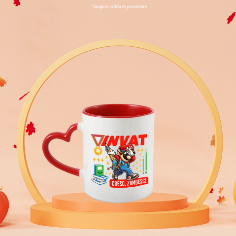 Cana Cu Cu Minecraft Invatam Si Zambim La Fiecare Pas Ceramica, 330ML, cu Maner Inima Rosie [1]