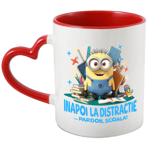 Căni - Cana Cu Cu Minions, Invatarea E Haiosa Ceramica, 330ML, cu Maner Inima Rosie
