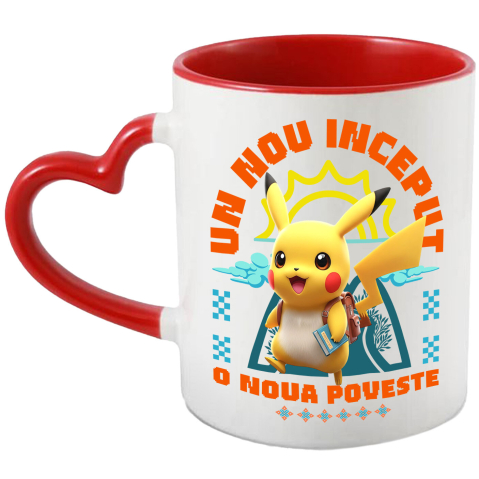 Căni - Cana Cu Cu Pikachu, Cărți Și Aventuri Pe Drumul Creșterii Ceramica, 330ML, cu Maner Inima Rosie
