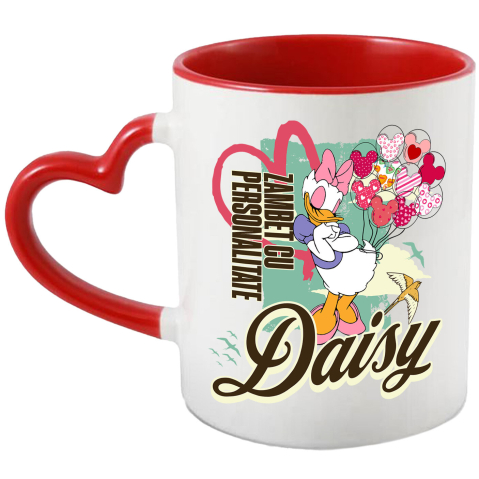 Desene Animate - Cana Cu Daisy si petalele de soare Ceramica, 330ML, cu Maner Inima Rosie