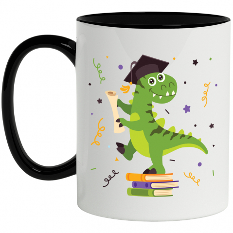 Maner Negru - Cana Cu Dinozaur, Diploma, T-Rex, Palarie, Confeti, Scoala, Absolvire, Multicolor 330 ml, Ceramica cu Maner Negru