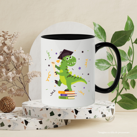 Maner Negru - Cana Cu Dinozaur, Diploma, T-Rex, Palarie, Confeti, Scoala, Absolvire, Multicolor 330 ml, Ceramica cu Maner Negru