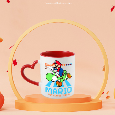 Cana Cu Distractie in Doi: Mario si Yoshi Ceramica, 330ML, cu Maner Inima Rosie [1]