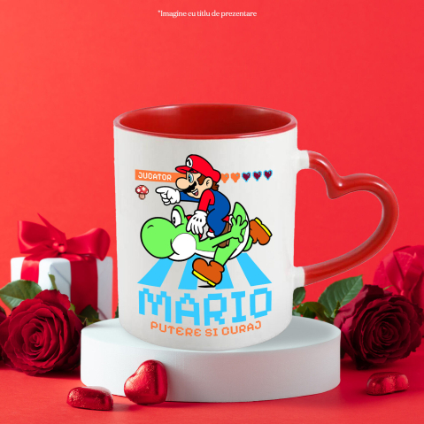 Cana Cu Distractie in Doi: Mario si Yoshi Ceramica, 330ML, cu Maner Inima Rosie [2]