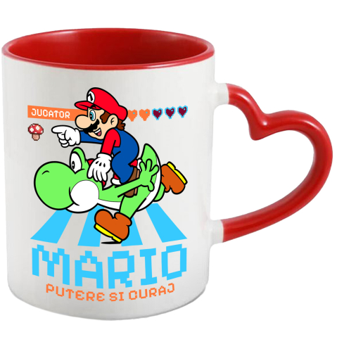 Desene Animate - Cana Cu Distractie in Doi: Mario si Yoshi Ceramica, 330ML, cu Maner Inima Rosie
