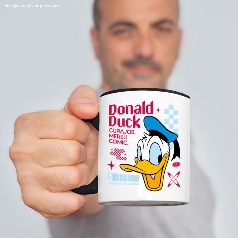Cana Cu Donald Duck cu zambet plin de energie Ceramica, 330ML, cu Maner Negru [1]