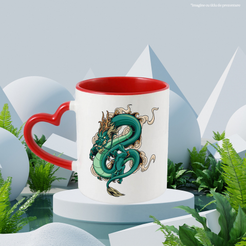 Cana Cu Dragon, Fum, Nor, Asiatic, Multicolor 330 ml, Ceramica cu Maner Inima Rosie [2]