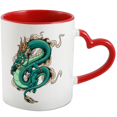Maner Inima Rosie - Cana Cu Dragon, Fum, Nor, Asiatic, Multicolor 330 ml, Ceramica cu Maner Inima Rosie