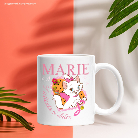 Cana Cu Eleganta Pisicutei Cu Fundita Roz Ceramica, 330ML, cu Maner Alb [2]