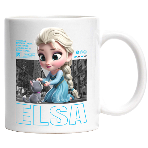 Căni - Cana Cu Elsa si Pisicuta – Echipa Magica Ceramica, 330ML, cu Maner Alb