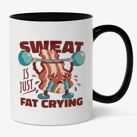 Maner Negru - Cana Cu Felie De Bacon Ridicand Bara DE Greutati, Text IN Engleza Sweat Is Just Fat Crying, Gym, Iubitorii De Sport, 330 ml
