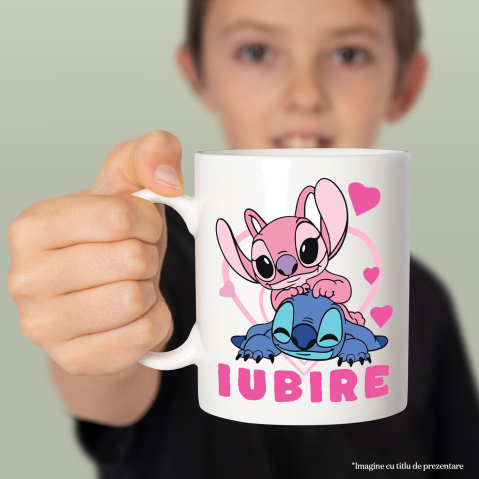 Cana Cu Fericire alaturi de Angel si Stitch Ceramica, 330ML, cu Maner Alb [1]
