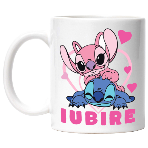 Cadouri Pentru Cupluri - Cana Cu Fericire alaturi de Angel si Stitch Ceramica, 330ML, cu Maner Alb