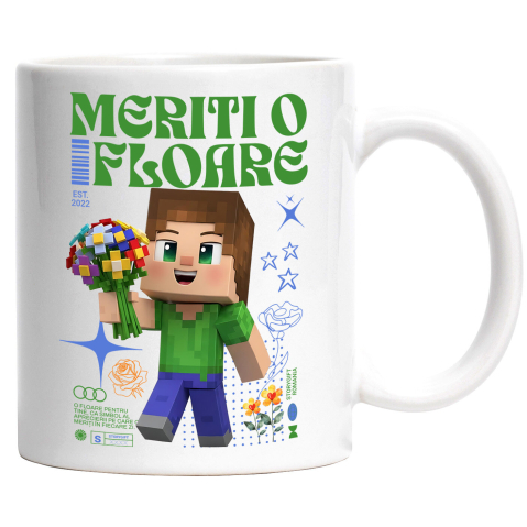 Flori - Cana Cu Flori Disney Inspirate de Minecraft Ceramica, 330ML, cu Maner Alb