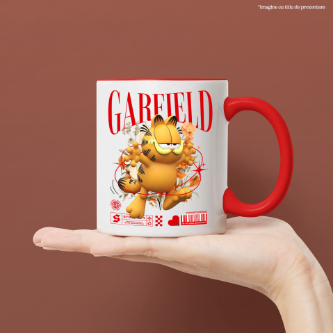 Cana Cu Flori Disney și Râsul lui Garfield Ceramica, 330ML, cu Maner Rosu [1]