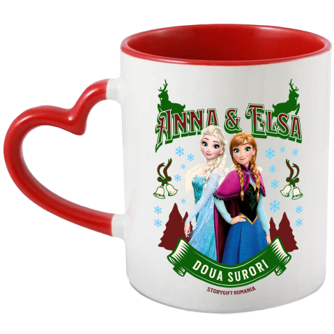 Desene Animate - Cana Cu Frozen - Elsa si lumea magica Ceramica, 330ML, cu Maner Inima Rosie