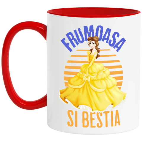 Sticker Personalizat - Cana Cu Frumoasa si Bestia - Dansul in Rochie de Aur Ceramica, 330ML, cu Maner Rosu