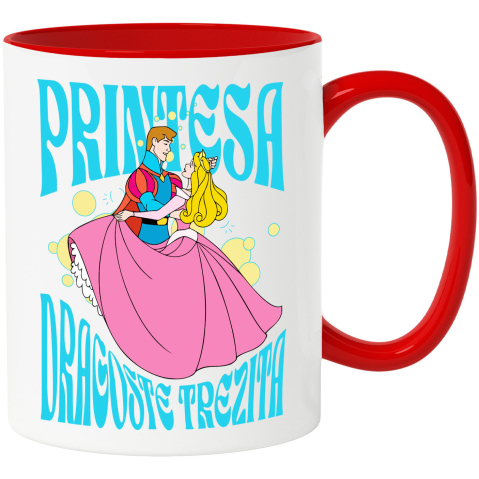 Desene Animate - Cana Cu Frumoasa si Bestia - Principele si Printesa Aurora Ceramica, 330ML, cu Maner Rosu