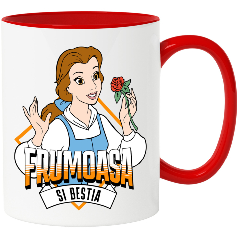 Căni - Cana Cu Frumoasa si Bestia - Un dar din inima pentru Belle Ceramica, 330ML, cu Maner Rosu