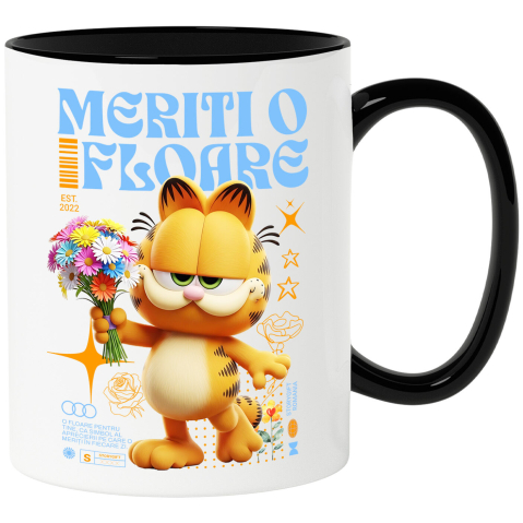 Flori - Cana Cu Garfield si Flori din Lumea Disney Ceramica, 330ML, cu Maner Negru