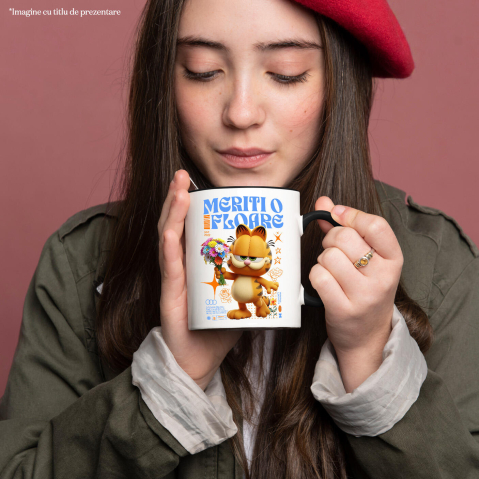 Cana Cu Garfield si Flori din Lumea Disney Ceramica, 330ML, cu Maner Negru [1]