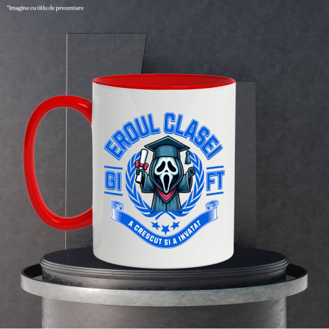Cana Cu Ghostface – Scoala Cu Zambet Si Distractie Ceramica, 330ML, cu Maner Rosu [2]