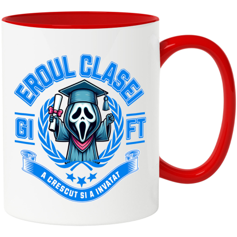 Educatie - Cana Cu Ghostface – Scoala Cu Zambet Si Distractie Ceramica, 330ML, cu Maner Rosu