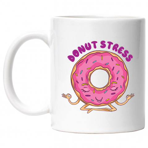Maner Alb - Cana Cu Gogoasa Glazurata Roz Stand In Pozitie De Yoga, Text Haios In Engleza Donut Stress, Dulciuri 330 ml, Maner Alb