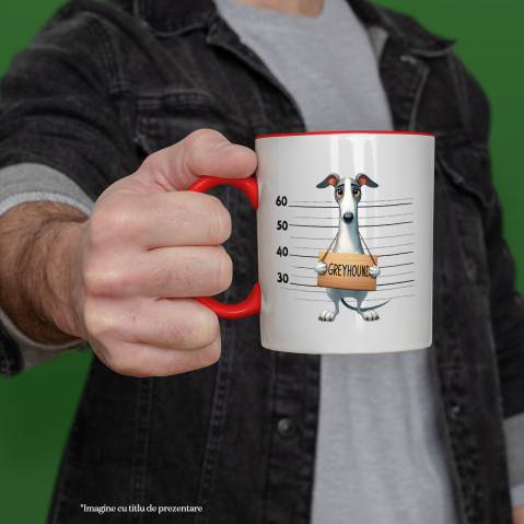 Cana cu Greyhound (ogar), caine, animal de companie, ilustratie, la inchisoare, trist, poza, profil, masura, suparat cu Maner Rosu [1]