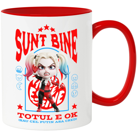 Desene Animate - Cana Cu Harley Quenn, Ok, Sarcastic, Nervos, Iritat Ceramica, 330ML, cu Maner Rosu