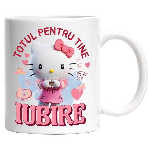 Cani Personalizate - Cana Cu Hello Kitty, Iubire, Dragoste, Afectiune, Inima, Ceramica, 330ML