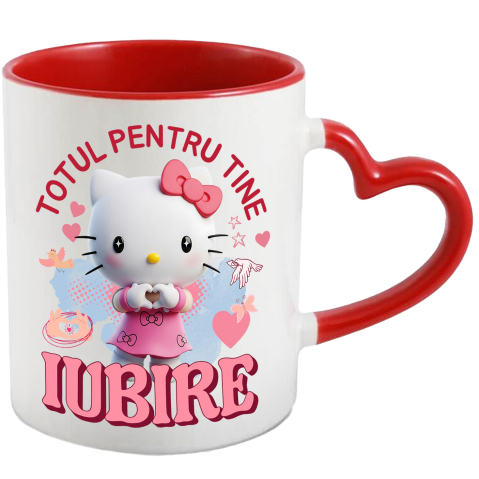 Desene Animate - Cana Cu Hello Kitty, Iubire, Dragoste, Afectiune, Inima Ceramica, 330ML, cu Maner Inima Rosie