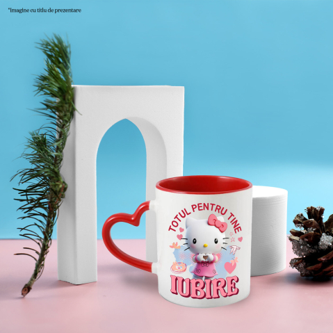 Cana Cu Hello Kitty, Iubire, Dragoste, Afectiune, Inima Ceramica, 330ML, cu Maner Inima Rosie [1]