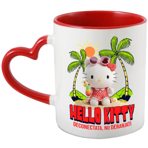Copii - Cana Cu Hello Kitty la Plaja – Soare si Palmieri, Ceramica, 330ML