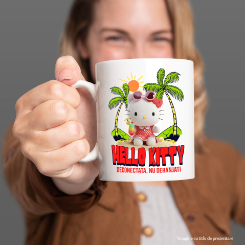 Cana Cu Hello Kitty la Plaja – Soare si Palmieri Ceramica, 330ML, cu Maner Alb [1]